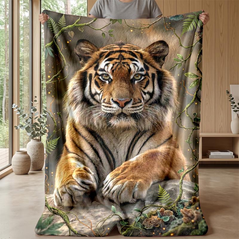 Tiger in Floral Garden Theme blanket Lightweight Warm Flannel Blanket Decorative Throw Blanket for Home Decoration