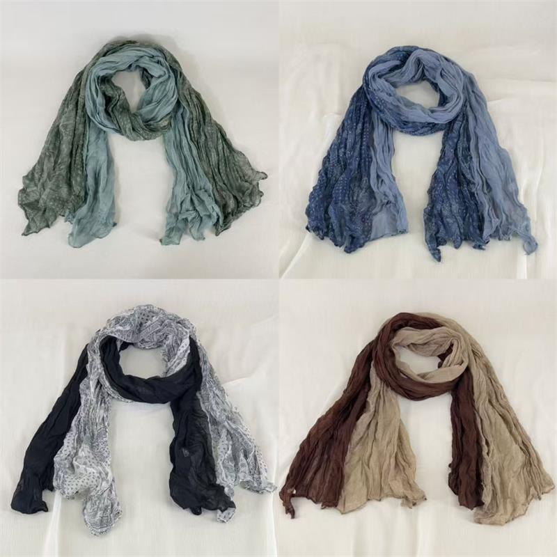 Retro Ethnischer Stil Warmer Kälteschutz Schal Damen Geknitterter Seidenschal Langer Faltenverlauf Farbverlauf Schal Mode Kopftuch Geschenke