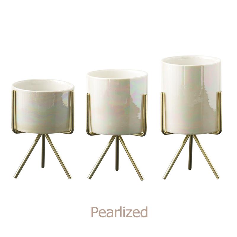 Set aus 3 Keramik-Blumentöpfen mit Eisenständer für Sukkulenten Schreibtisch Keramik-Blumenvase Heim-Garten-Dekoration