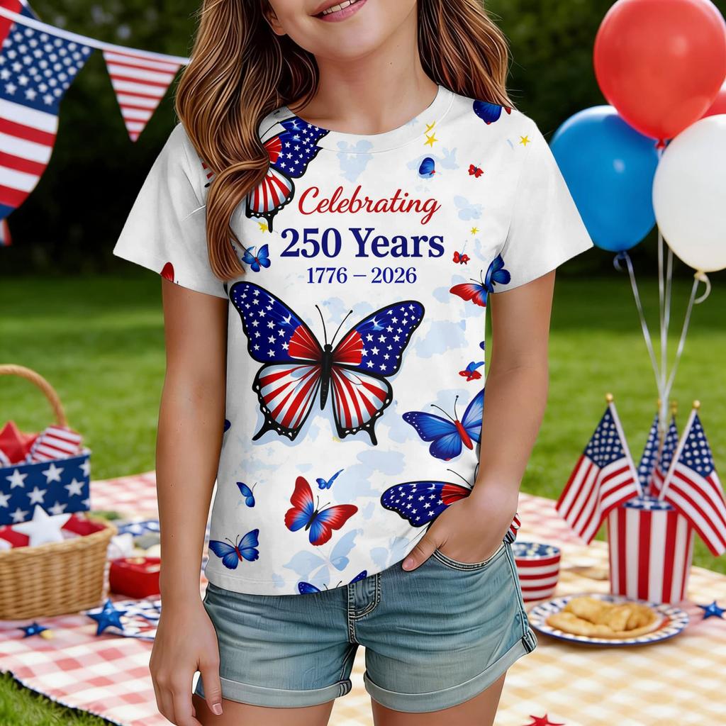 Kids Independence Day Print Round Neck Short Sleeve Casual T-shirt