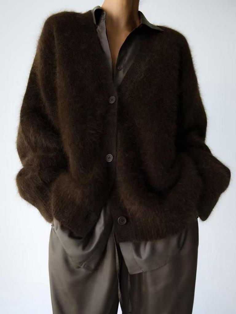 2024 Mink Hair V-Neck Cardigan: Loose Fit, Long Sleeve Sweater for Autumn/Winter Women