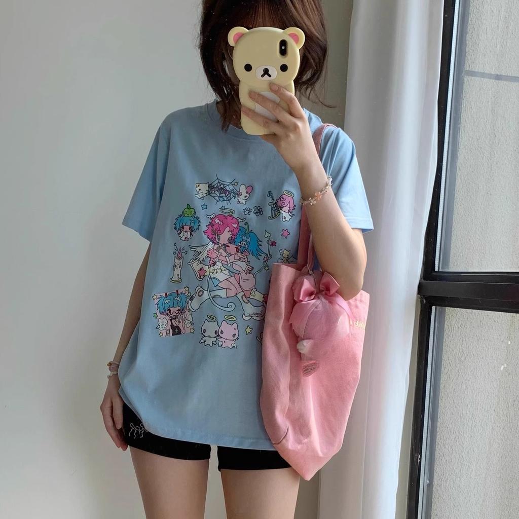 2025 summer pure cotton Women funny cartoon Print T-Shirt harajuku Round Neck oversized Casual Y2K Tops young girl t shirts streetwear