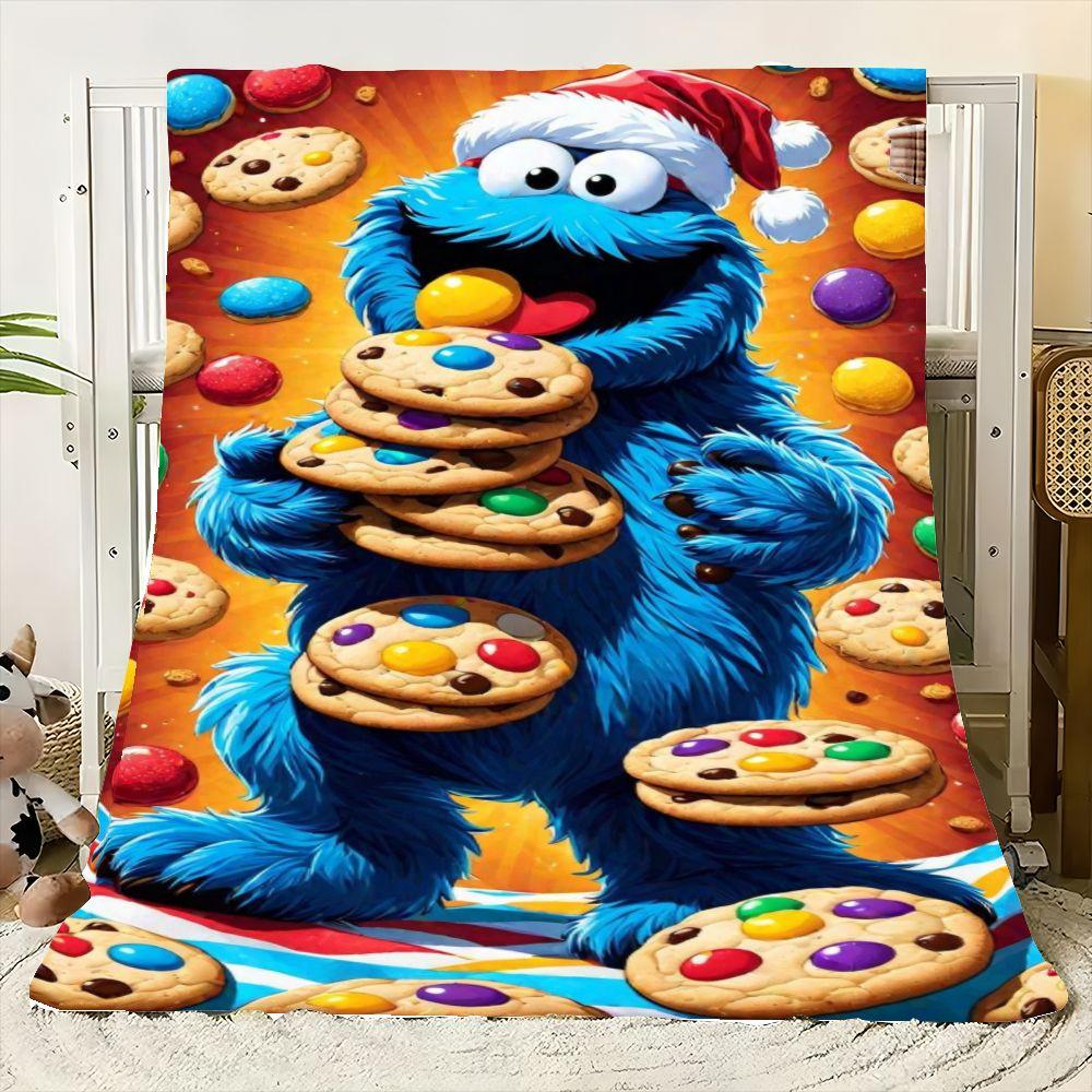 Sesame Street Cookie Monster Christmas Blanket - Festive Plush Throw Featuring Joyful Cookie Monster in Santa Hat Holding Colorf