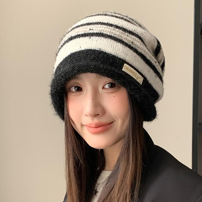 

Korean Striped Warm Pile Hat Autumn and Winter New Windproof Plus Velvet Hat Women s Casual Cold Hat Big Head Flange Wool Hat One Size