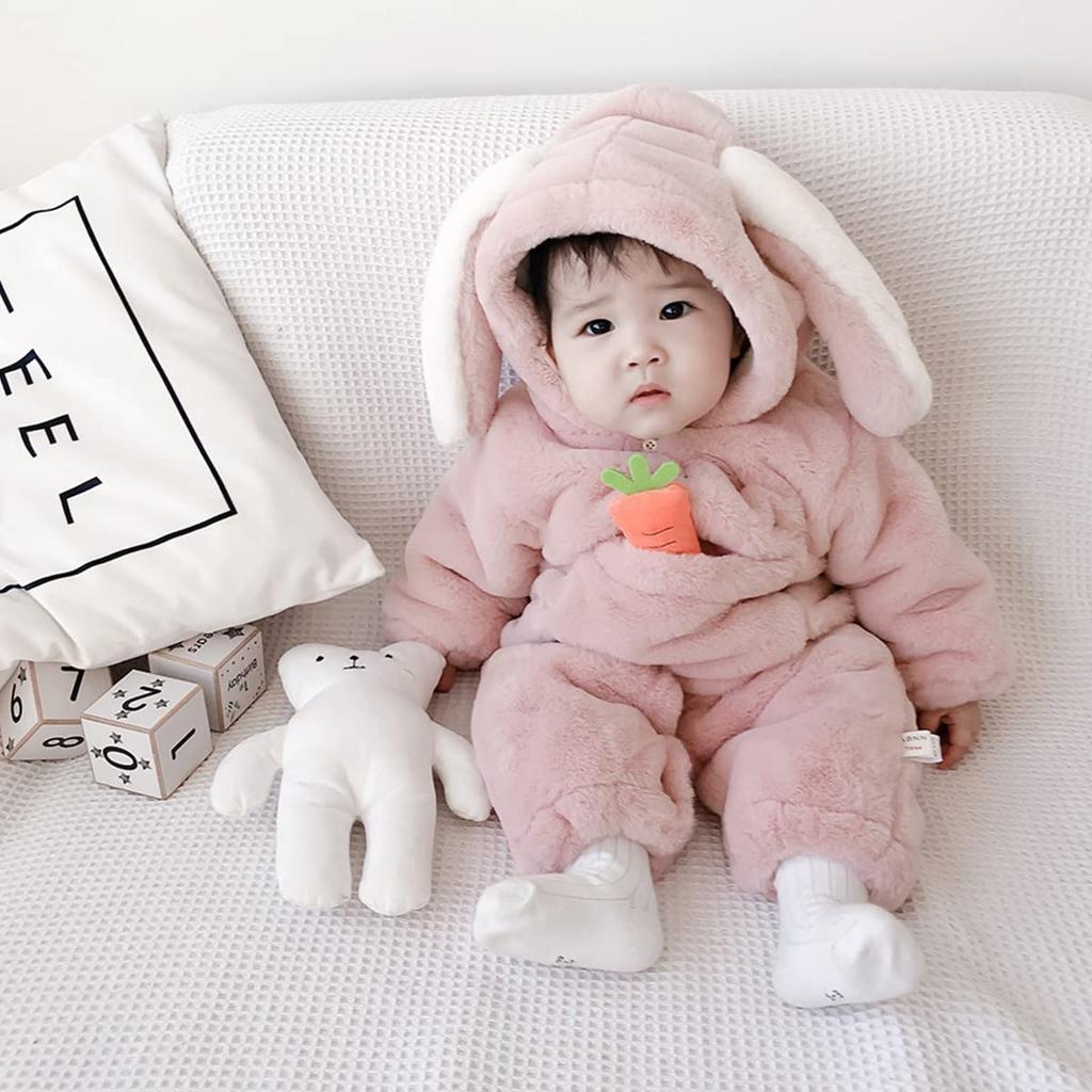Famuka Winter Rabbit Baby Hooded Romper Fluffy Kigurumi Costume for Baby Shower Boys and Girls 100th Day Celebration Gift Coverall, Jumpsuit,
