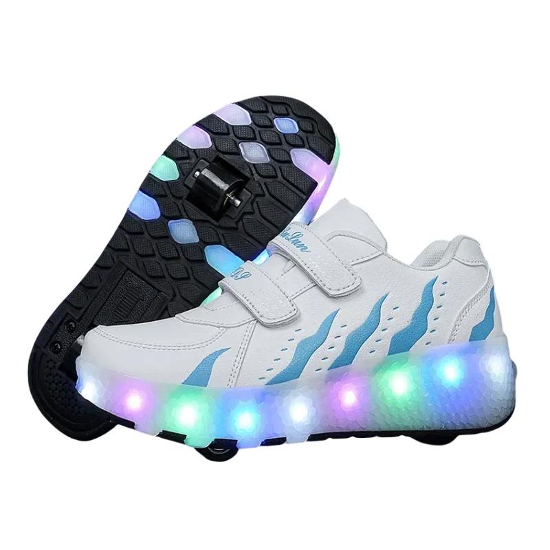 Shoes with Wheels for Kids Beginners - Adjustable Velcro Strap 2-Wheel Roller Skates with USB Rechargeable LED Lights