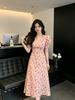 Summer sweet wind bubble sleeves V-neck floral dress women's high waist slim and thin A-shaped long skirt wholesale