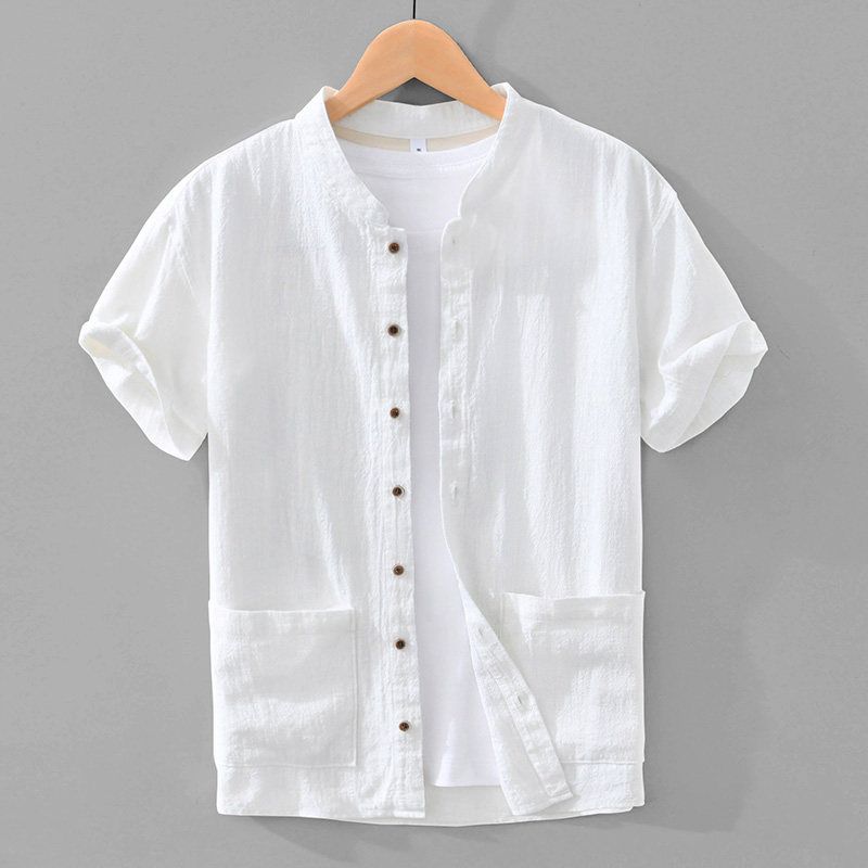 New Chinese Style Retro Cotton Linen Stand Collar Short sleeve Shirts Men's Japan fashion Artistic Summer Shirt Outerwear Thin
