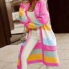 Contrast Color Rainbow Stripes 2025 Autumn and Winter Women's Sweater Jacket Casual Loose Long Knitted Cardigan