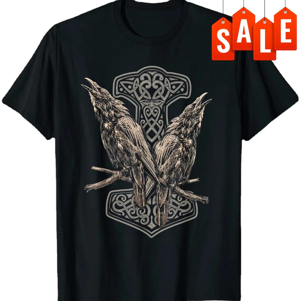 Norse Myth Thor Hammer Mjolnir Raven Huginn and Munnin TShirt 100 Cotton ONeck Short Sleeve Summer Casual Mens Tshirt