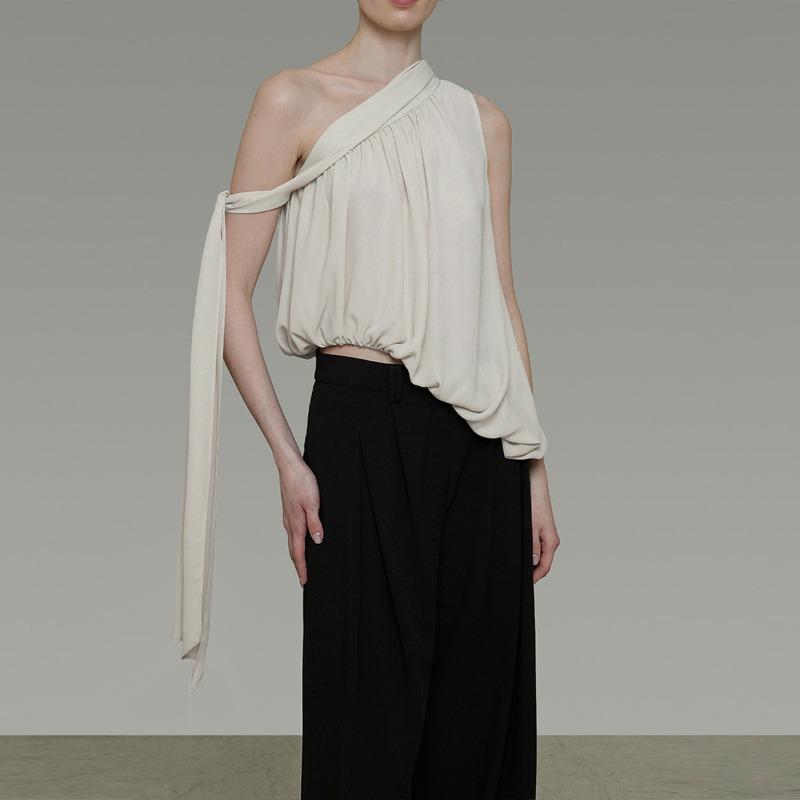 Women’s Asymmetric One‑Shoulder Summer Top – Sleeveless Draped Tank with Ribbon Detail S белый