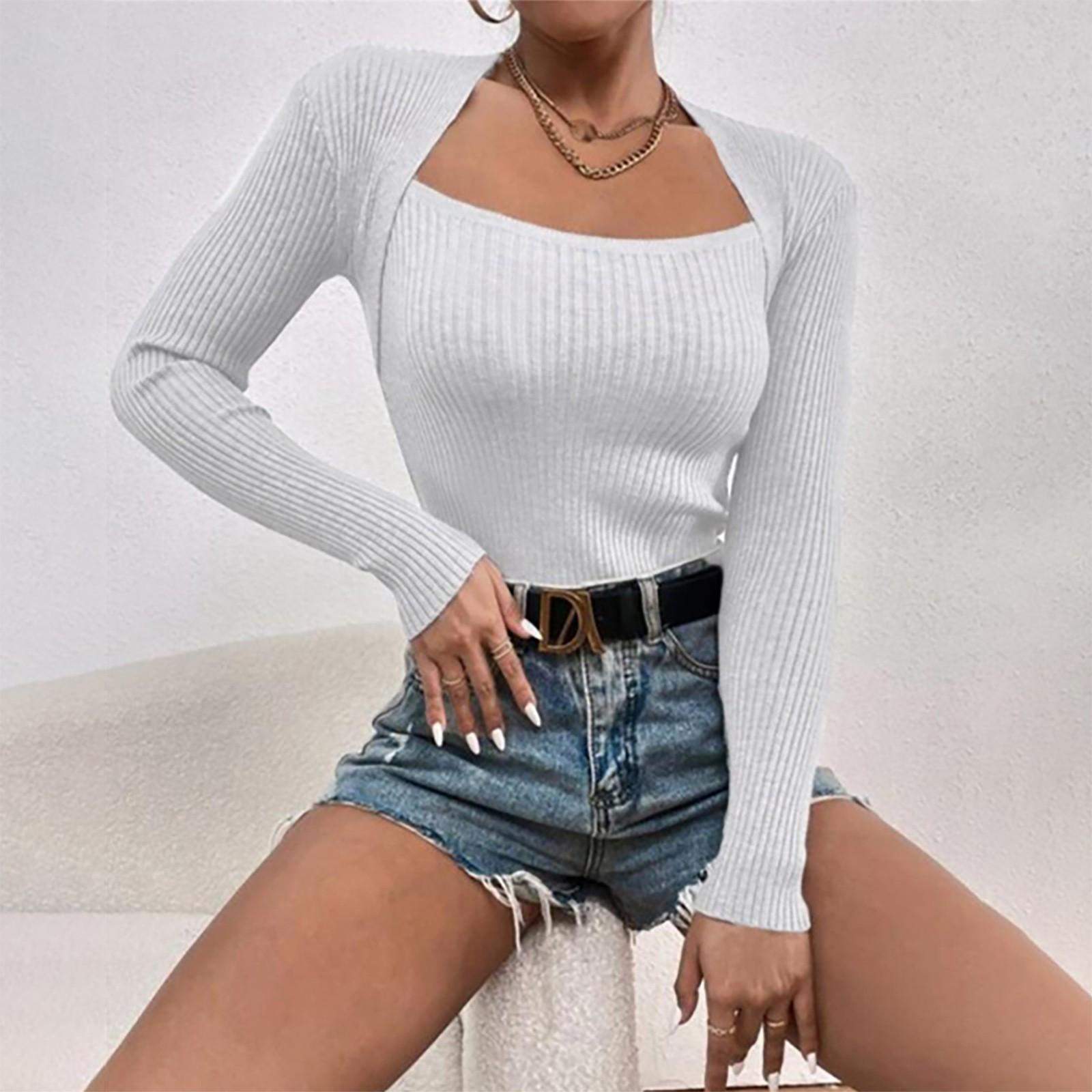 

Женский однотонный приталенный вязаный низ с длинными рукавами, свитер-топ XXL белый