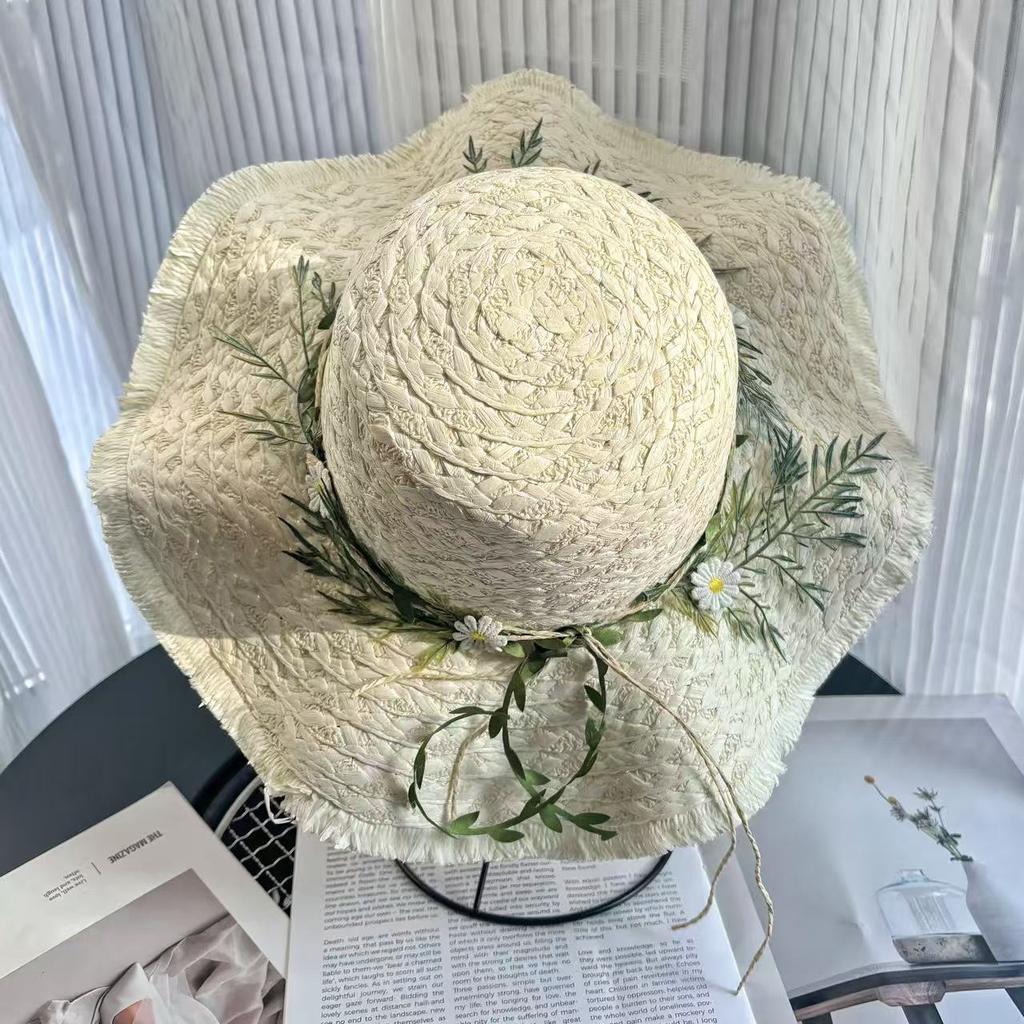 Harajuku Women Girls Summer Wide Eaves Straw Hats Beach Sun Hat Sweet Lolita Lace Flower Straw Hat Ladies Sunhat Handmade