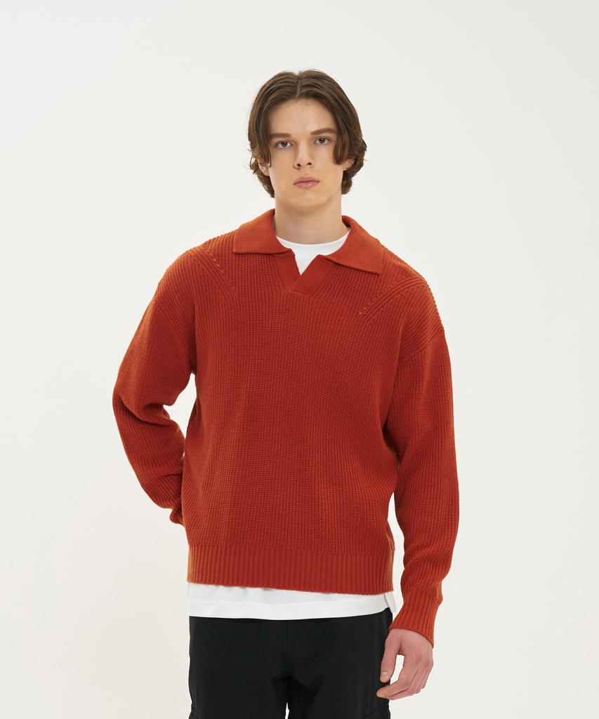 BLOND9 Shoulder Point Open Collar Rib Knit_Orange