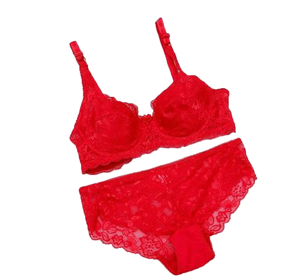 

Plus Nao Bra and Panty Size 85B Red x Standard Women s Set, 3/4 Cup, See-Through, (38),