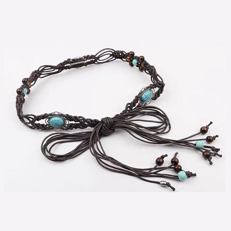 Bohemian Style Cotton Waist Belt With Turquoise Resin Beads For Summer Festival Outfits