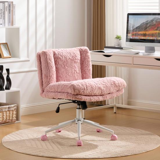 26.4 Inch Seat Office Chair, Artificial Rabbit Hair Home Office Chair with Metal Base, Adjustable Desk Chair Swivel Office Chair, Vanity Chair