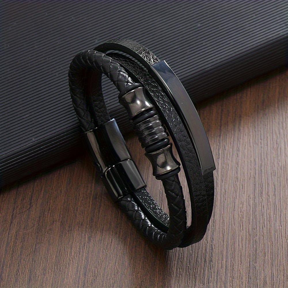 Titanium Steel Leather Bracelet Magnetic Clasp Punk Mens Wristband Trendy Fashion Accessory