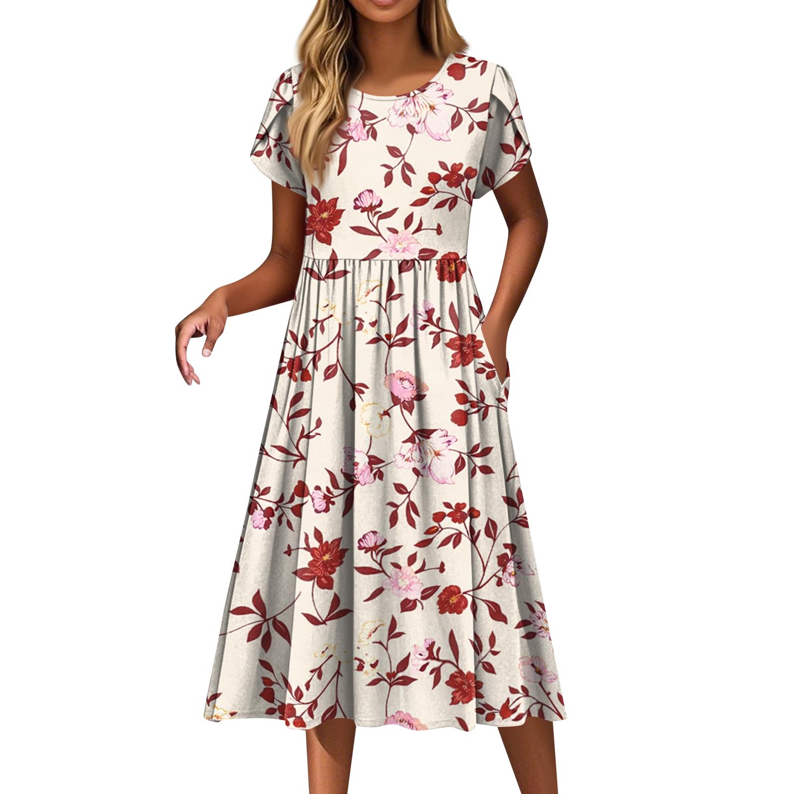 

Women s Fashion Casual Loose Floral Print Round Neck Pocket Short Sleeve Dress XL винний