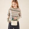 TUHUANG Women's Pure Wool Round Neck Color Block Stripe Sweater