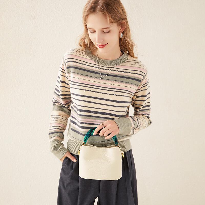 TUHUANG Women's Pure Wool Round Neck Color Block Stripe Sweater