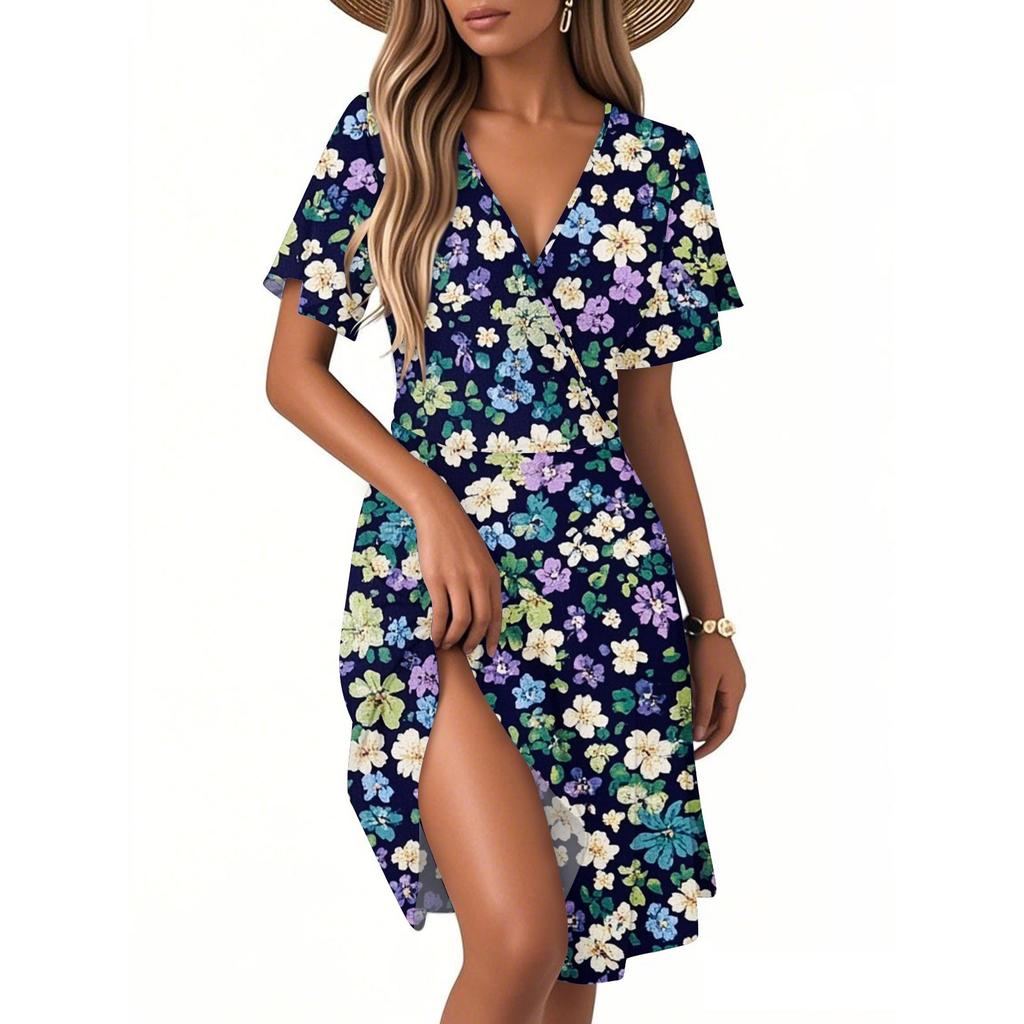 Women's Casual Fashion Dress Vintage Floral Floral Short Sleeve V-neck Dress
