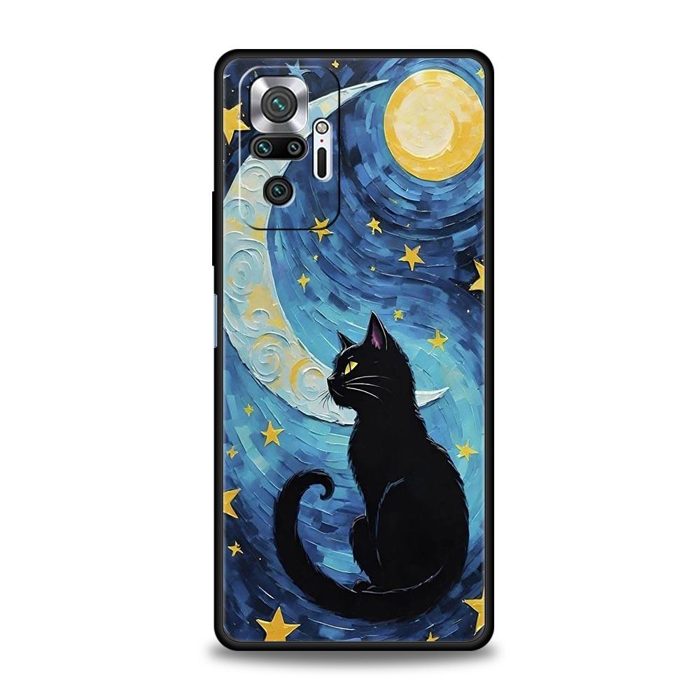 Cat Van Gogh Starry Sky Phone Case For Xiaomi Redmi Note 14 13 5G 10 11 12 Pro Plus 4G 14C 13C 12C 10C Black Cover