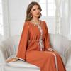 Women's Clothing Orange Round Neck Rhinestone Slim Robe Muslim Dress with Belt