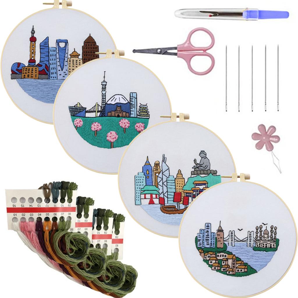 4 Pack Scenery DIY Stitches Kit with Embroidery Hoop Embroidery Stitches Practice Kit 30x30cm for Adult Beginners Gift for Women