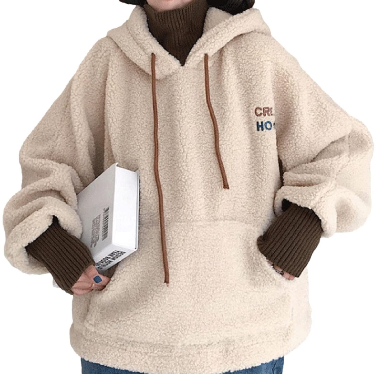 

ririka Пушистая толстовка из флиса с высоким многослойным свободным кроем, теплая для осени и зимы, женская, с логотипом, для шеи, внешний вид, посадка, карманы, милая, (Размер L, Бежевый) бежевый