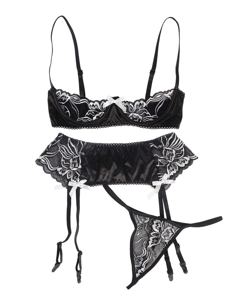 Sexy Large Size Lingerie Open Bra Garter Belt Shorts All 3 Piece Set Underwear [comeondear]