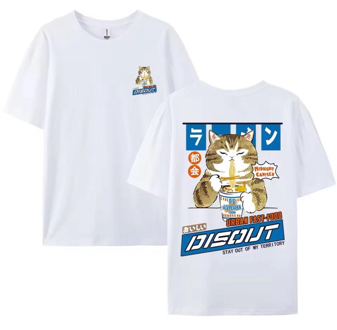 

Harajuku Cat Cartoon Eating Noodles Graphic Men Women Oversized Tshirts Anime S