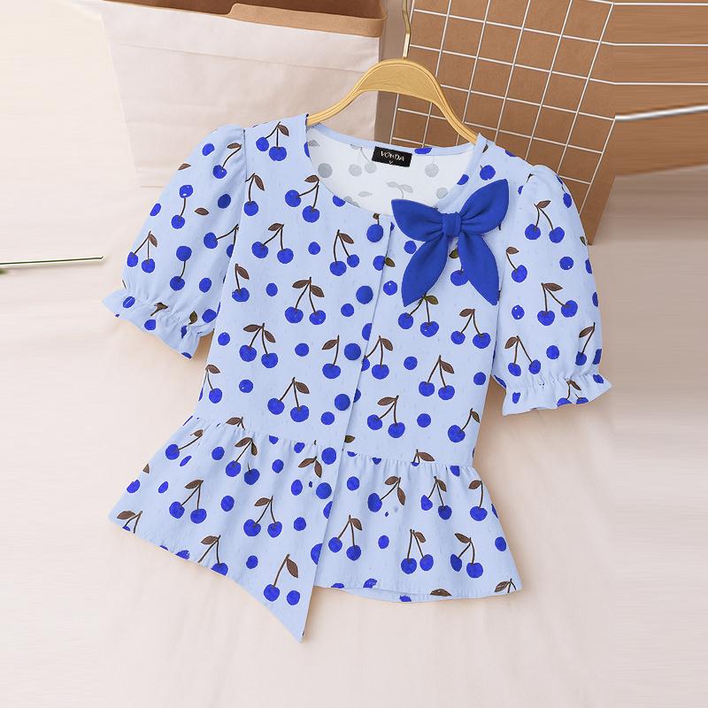 

VONDA Летняя женская повседневная короткая блузка с пышными рукавами и цветочным принтом 5XL синий