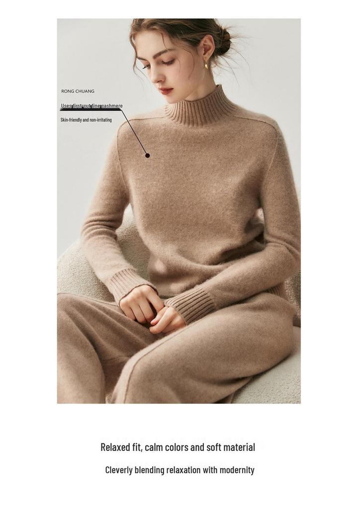 Elegant Women's Cashmere Sweater - Half-High Collar, Saddle Shoulder, Solid Color Knit for Autumn and Winter
