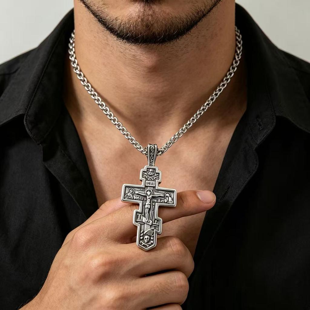 316L Stainless Steel Orthodox Cross Jesus Pendant Necklace for Men Jewelry Religious Vintage Accessories