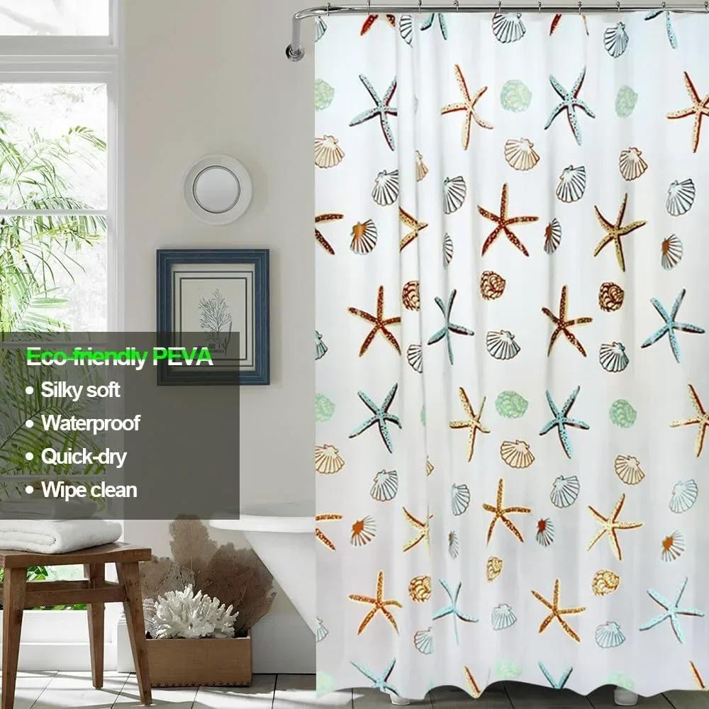 1pc Starfish Waterproof Shower Curtain with Plastic Hooks Lightweight Plastic Bathroom Curtain Bath Curtain Bathroom Partitions