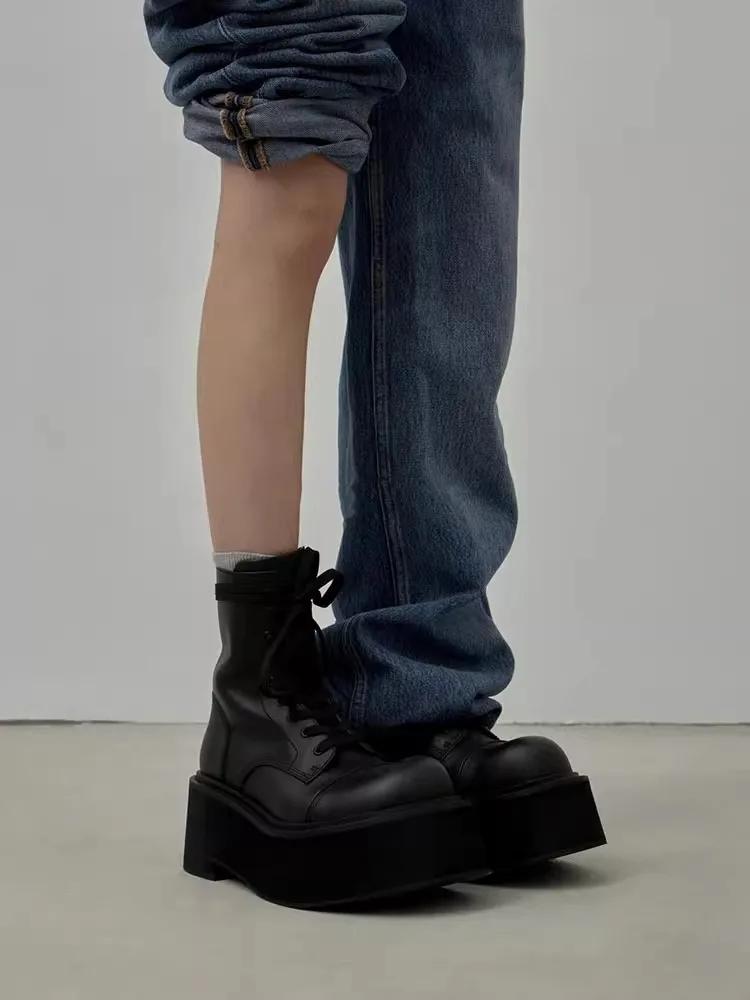 NEW Classics Chelsea Boots Women Black Ankle Boots Autumn Winter Shoes Leather Platform Short Boots Slip On Elastic Band