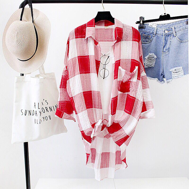 Women's Mid-length Plaid Shirt Long Loose Jacket Women's Sun Protection Clothing Large Size Loose Thin Jacket Ladies Long Chiffon Shirt