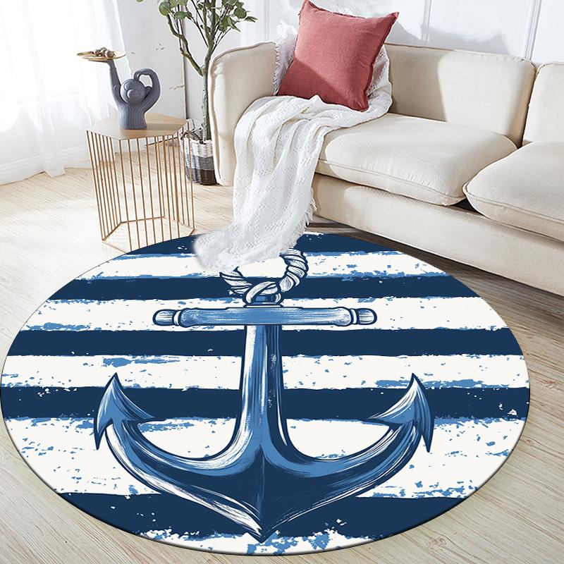 Anchor and Ship's Wheel,Round Area Rug,Carpet Rug for Living Room Bedroom Sofa Playroom Decor,Non-slip Floor Mat