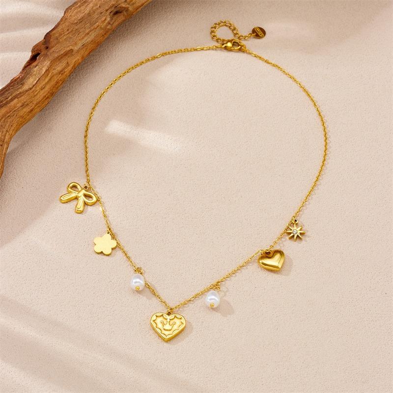 Gold Plated Multi Charm Heart Pendant Necklace, Stainless Steel Freshwater Pearl Choker, Waterproof Dainty Jewelry for Women Gift