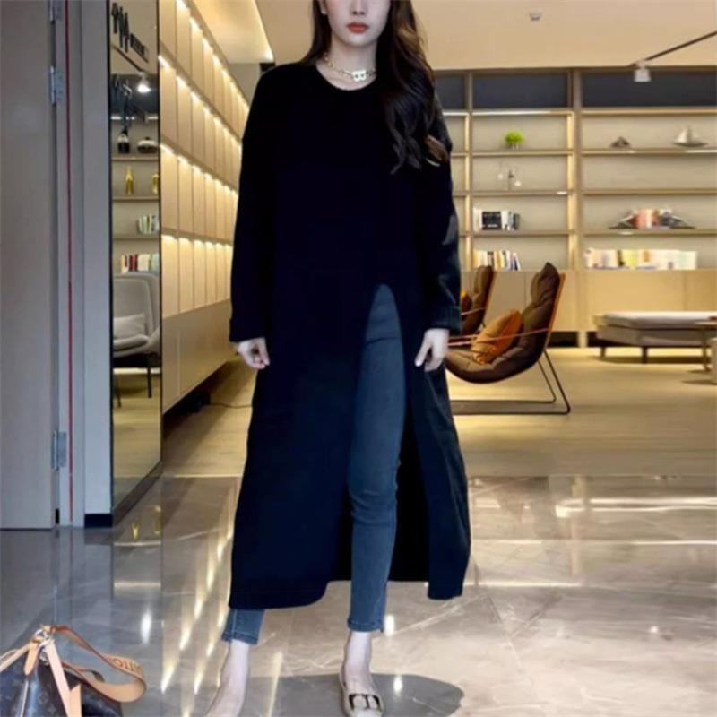 Lazy Wind Crew Neck Pullover Sweater Skirt Women's Loose Over Knee Long Side Split Knitted Sweater Dress Top