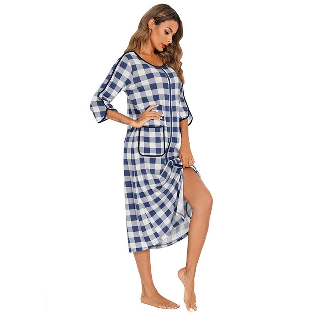 Autumn Winter Lady Zip Up Sleepdres Loose Nightgowns Spa Bathrobe Crewneck Soft Striped Sleepshirt Loungewear Sleepwear with Pockets
