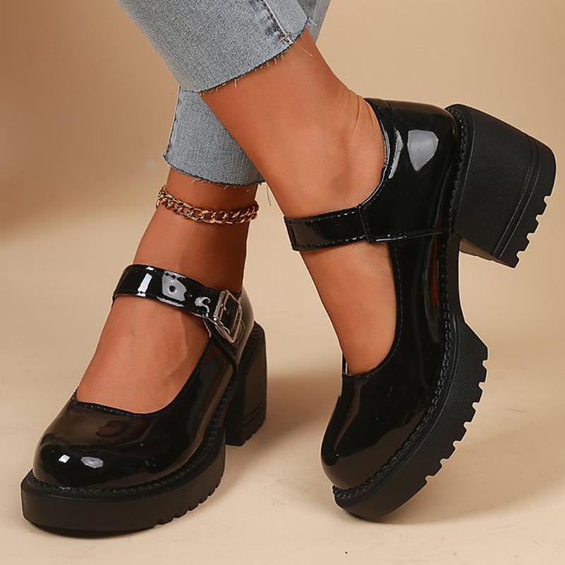 Fashion Elegant Adjustable Ankle Buckle Mary Jane Shoes Women Pu Leather Thick Heel Pumps Woman Round Toe Platform Casual Shoes Ladies
