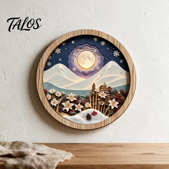 Yuvarlak Ahşap Çerçeveli Sanat Eseri Kış Dağı Duvar Sanatı 3D Katmanlı Kar Manzarası ile Tatil İçin Eşsiz Hediye Ev Dekoru, Rustik Noel Manzarası