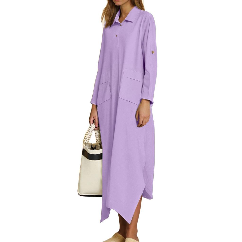 Women's Casual Solid Color Cotton And Linen V-Neck Long Sleeve Button Midi Dress