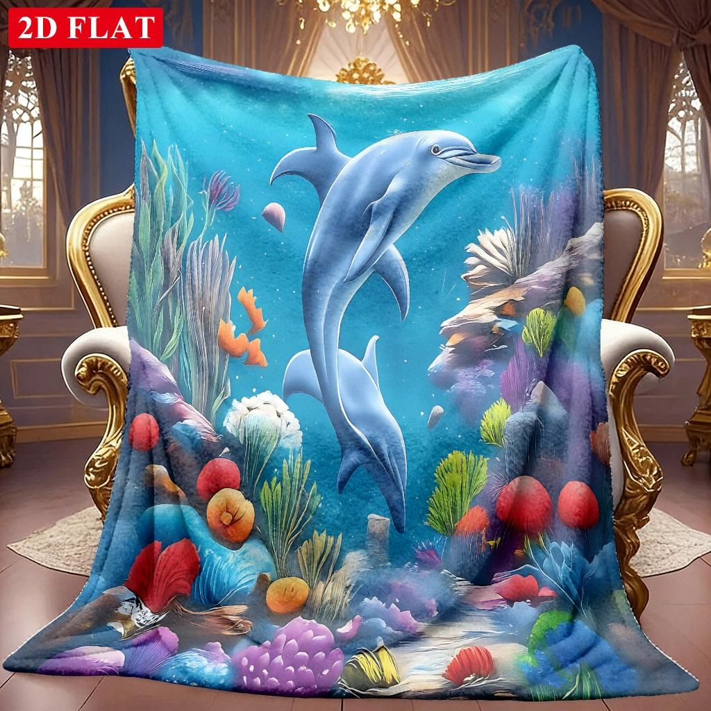 1pc 2D Underwater World Dolphin Theme Pattern Flannel Blanket, Soft HD Digital Print, Cooling Blanket All-Season Use! Soft And Breathable 100% Polyest