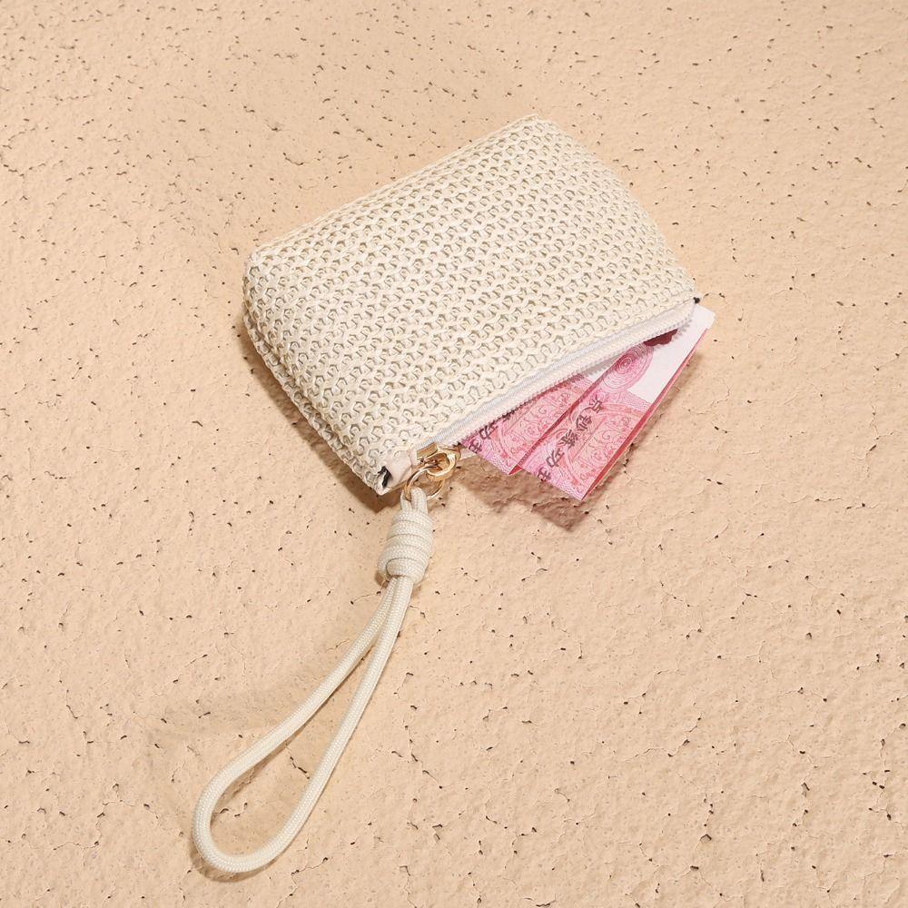 

Zipper Mini Wallet Straw Card Holder Durable Coin Purse Women Girls кавовий