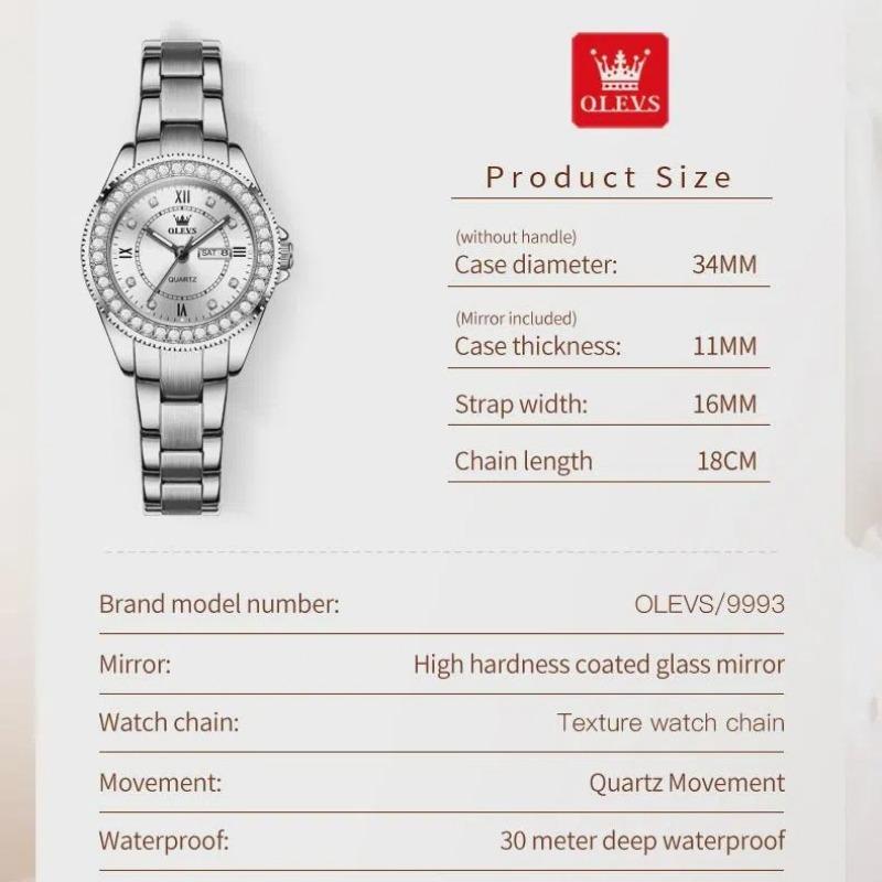 OLEVS Dámské hodinky Módní elegantní originální křemenné náramkové hodinky pro mladé dívky, ciferník s kamínky, datum, den v týdnu, vodotěsné, luminiscenční