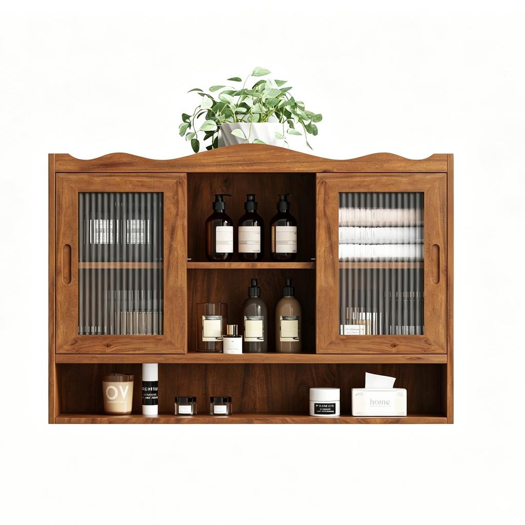90CM Retro 2-türiger Schiebeschrank Drei Ebenen Stauraum, Geeignet für Badezimmer, Küchen, Esszimmer, Braun