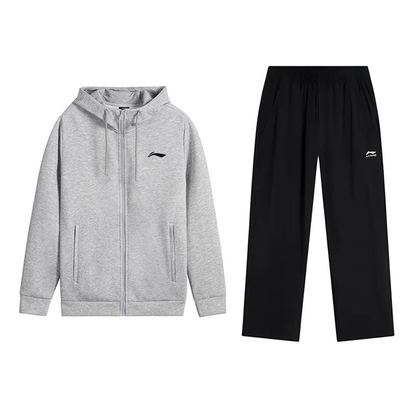 Li-Ning Simple Design Basic Cotton Breathable Skin-Friendly Comfortable Versatile Hooded Cardigan Sweatshirt Casual Sports Suit AWDVP47-1+YKLKVAII-1 XL